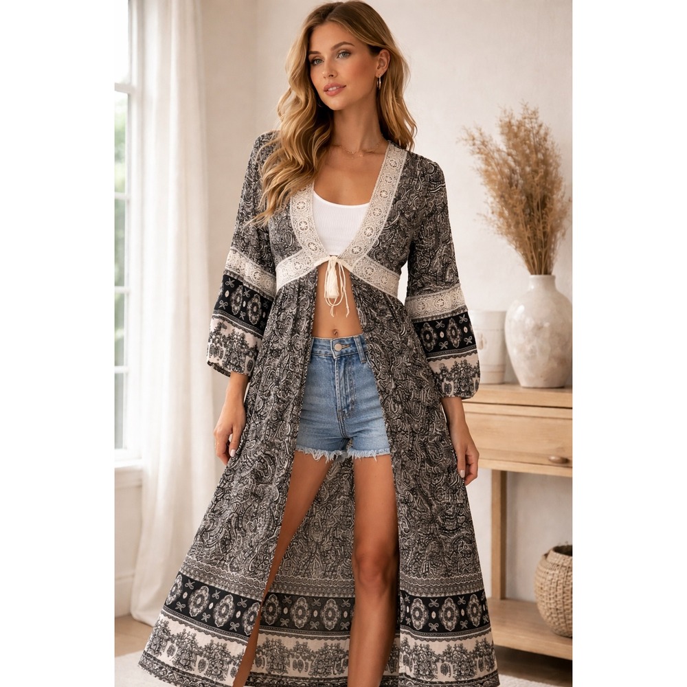 Hummingbird Paisley Lace Trim Tie Front Maxi Kimono Cover Up M